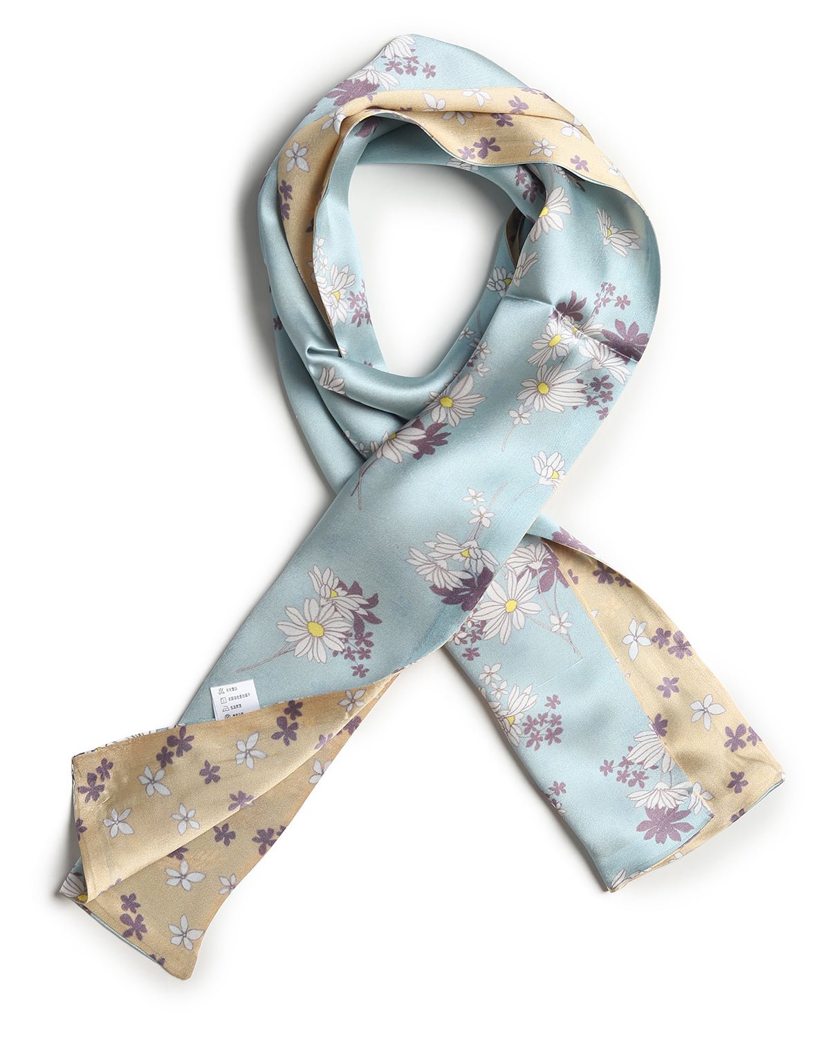 BREEZE NOUTHERLY Women's 100% Pure Mulberry Silk Scarf Double Sided Rectangle Tie Head Neck Waist Strip-17X150 Blue Beige Daisy