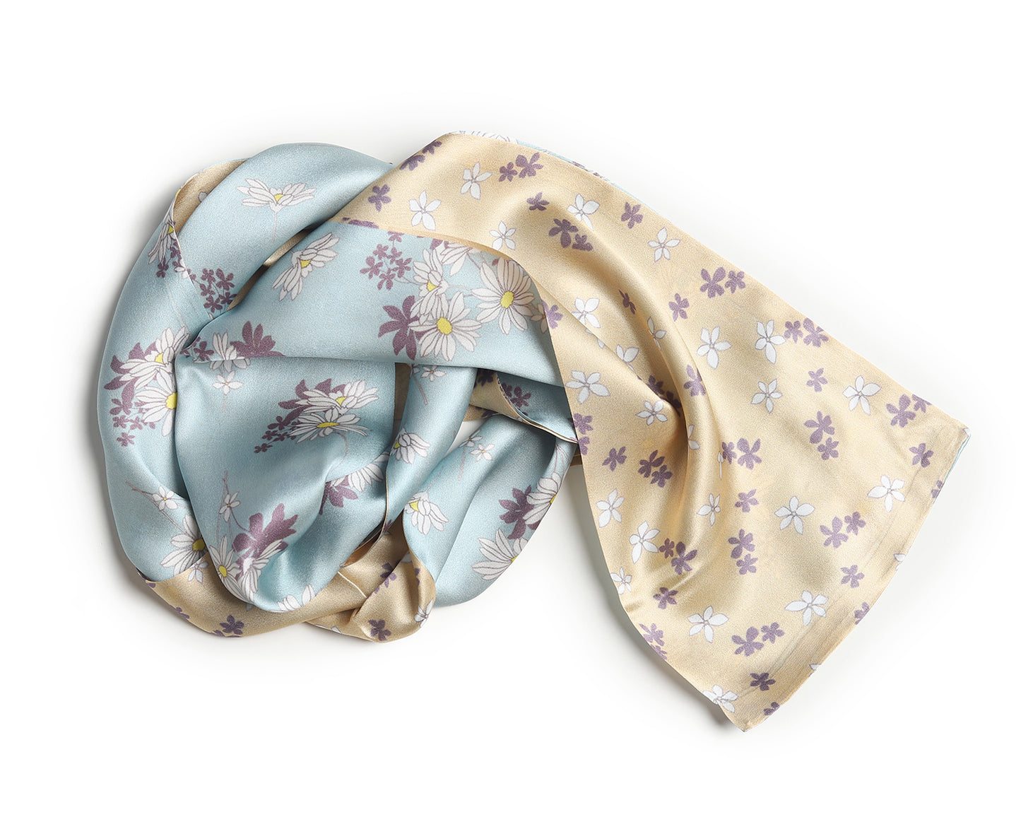 BREEZE NOUTHERLY Women's 100% Pure Mulberry Silk Scarf Double Sided Rectangle Tie Head Neck Waist Strip-17X150 Blue Beige Daisy