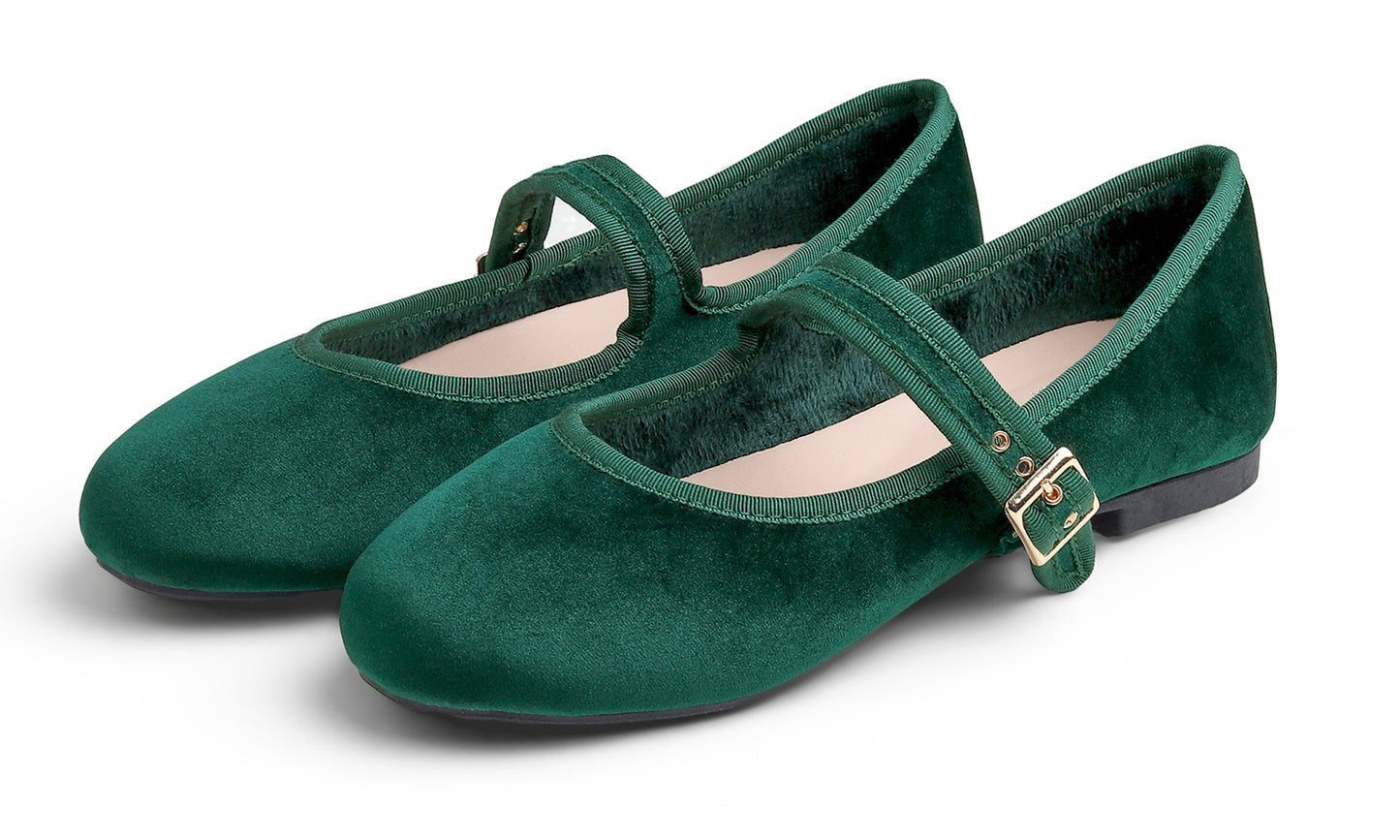 Feversole Women's Soft Cushion Extra Padded Comfort Round Toe Mary Jane Metal Buckle Fashion Ballet Flats Walking Shoes Velvet Vegan Lining