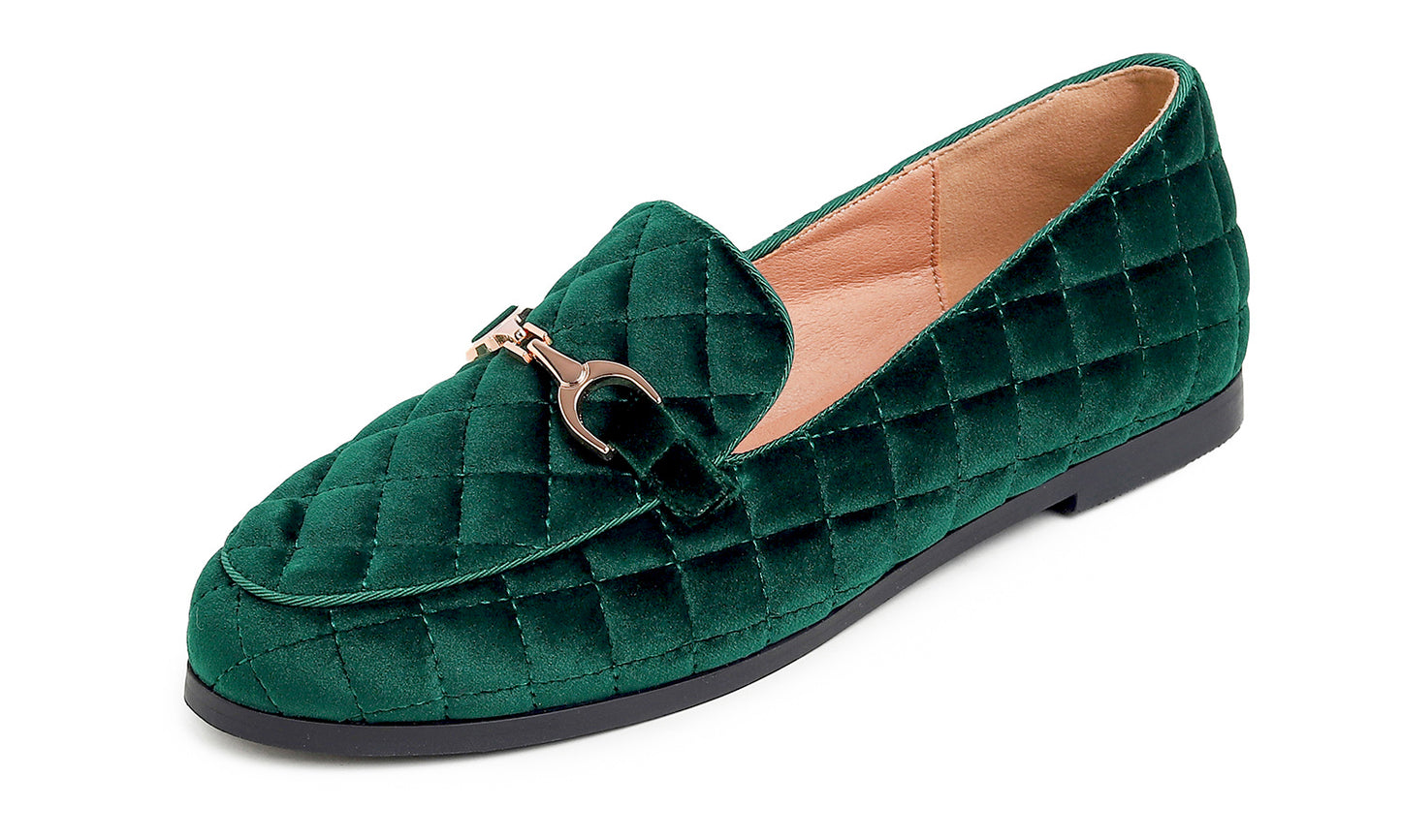 Feversole Women's Fashion Comfortable Penny Loafer Buckle Dressy Shoes Velvet Quilted