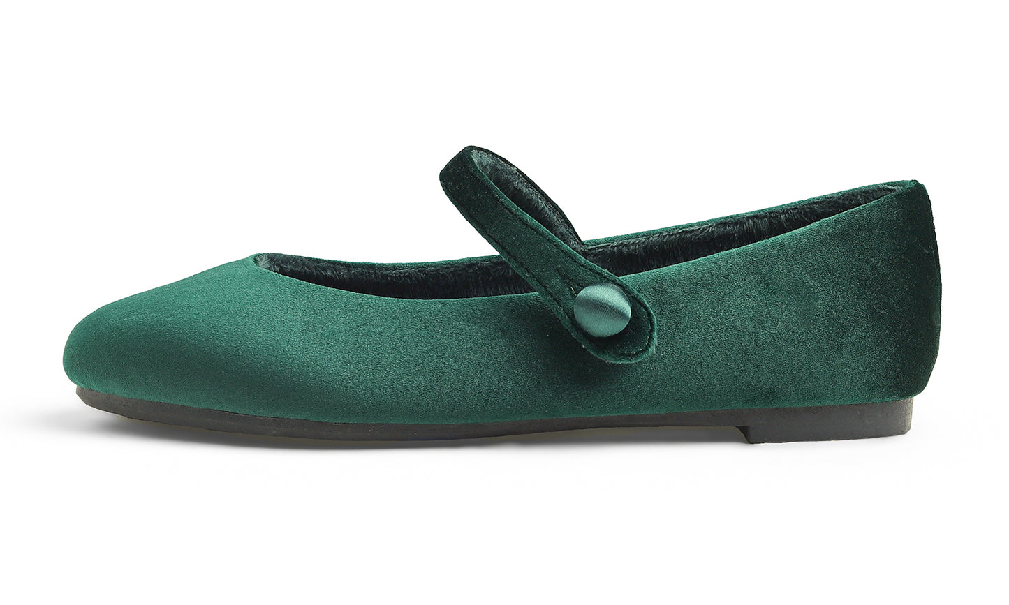 Feversole Women's Mary Jane Fashion Round Toe Easy Buckle Slip On Flats Velvet Fur Lined