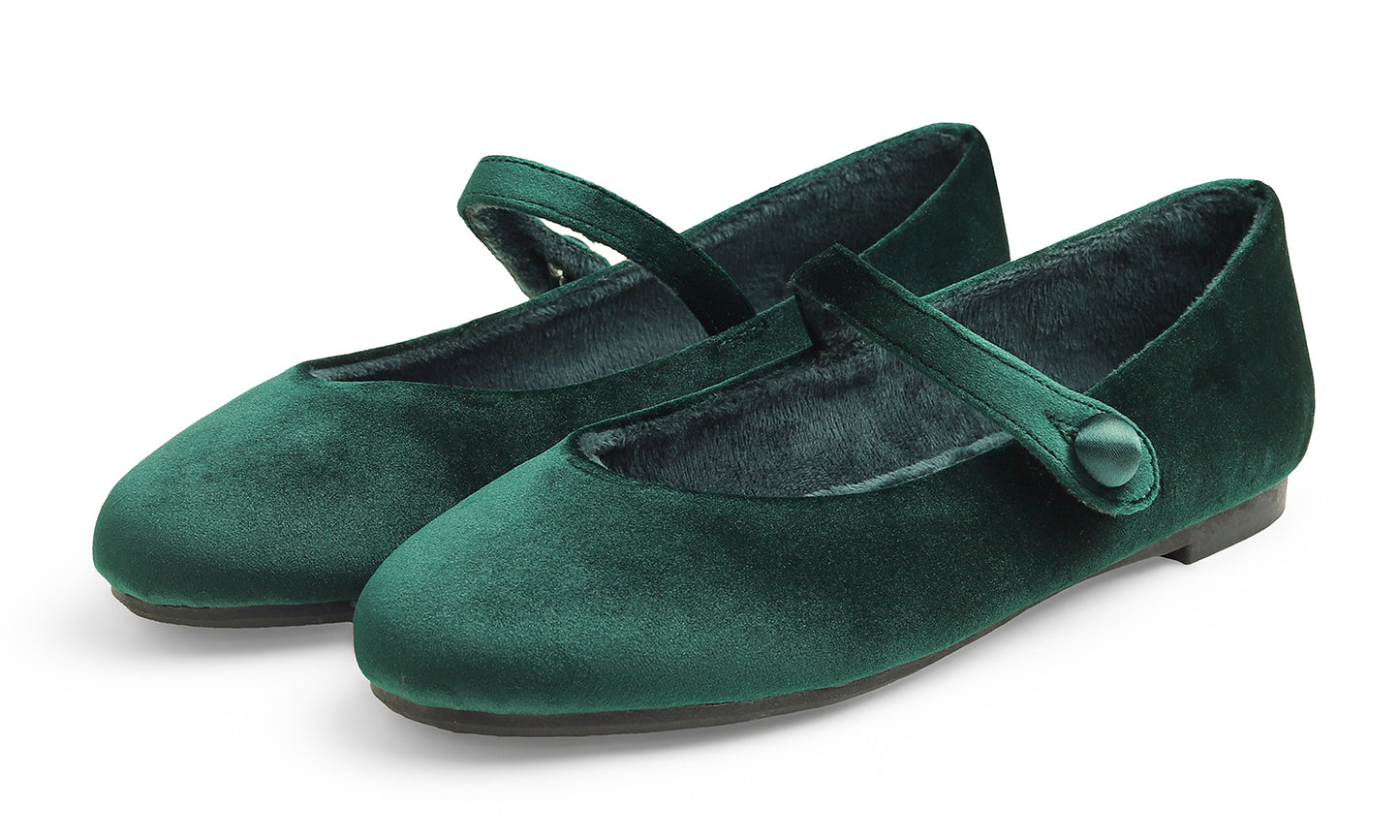 Feversole Women's Mary Jane Fashion Round Toe Easy Buckle Slip On Flats Velvet Fur Lined