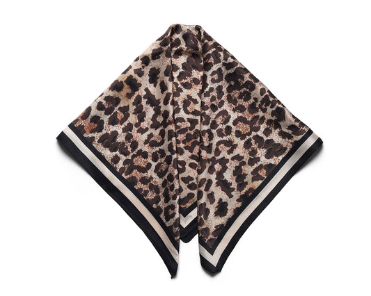BREEZE NOUTHERLY 100% Mulberry Silk Square Scarf for Women, 26'' Versatile Hair Neck Bag Scarf Luxury Gift-Brown Leopard