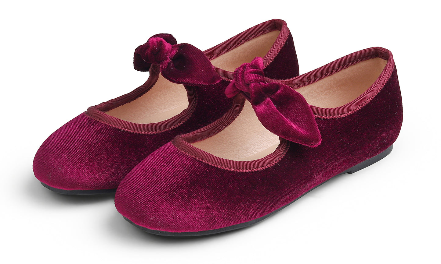 Feversole Girls Cute Dress Mary Jane Shoes Little Kids Casual Buckle Strap Flats Velvet Bow Elastic