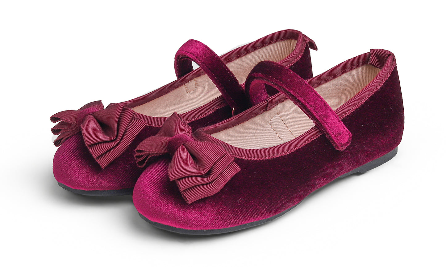 Feversole Girls Cute Dress Mary Jane Shoes Bow Tie Sunday Holiday Ballet Flats Velvet With Tri Bow