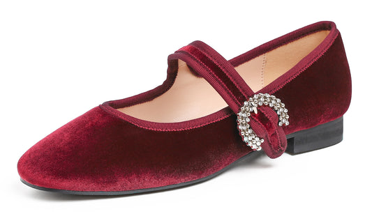Feversole Women's Mary Jane Fashion Square Toe Easy Buckle Low Heel Slip On Flats Velvet Rhinestone