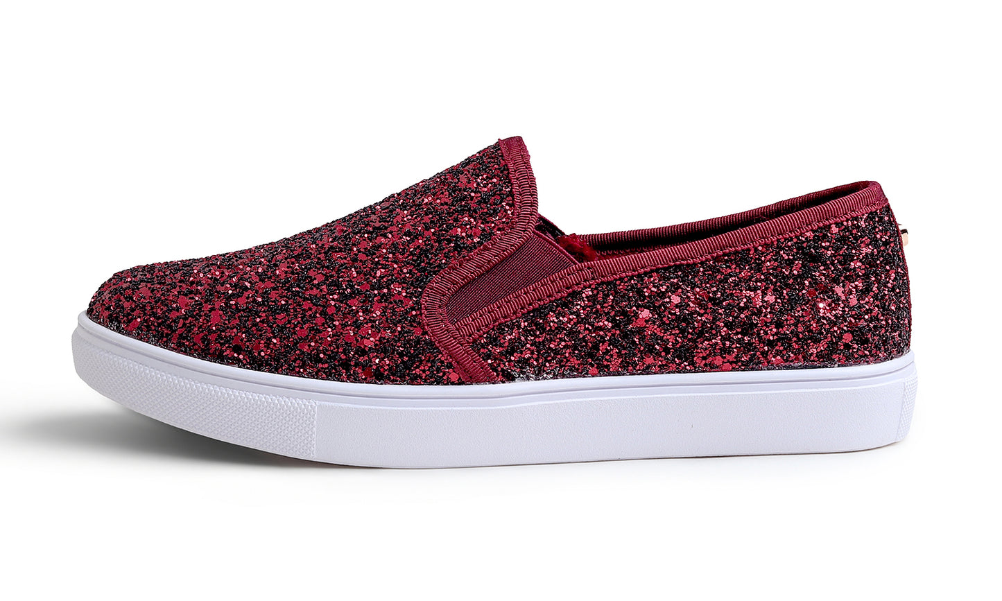 Feversole Women's Fashion Sparkly Slip On Sneaker for Winter Fur Lined Party Holiday Flat Loafers Glitter