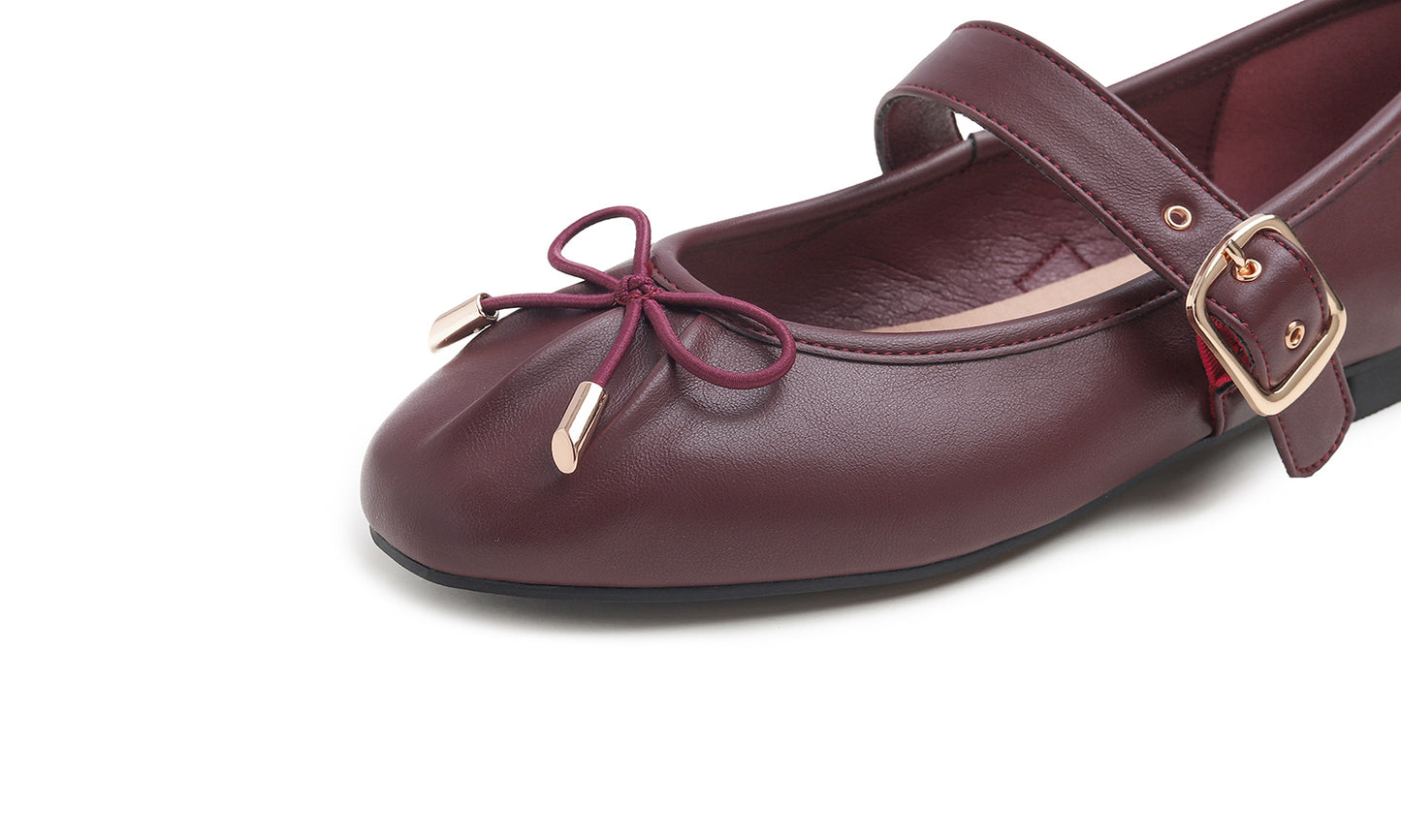 Feversole Women's Mary Jane Fashion Square Toe Easy Buckle Slip On Flats Vegan Leather Wrinkle Bow Deco