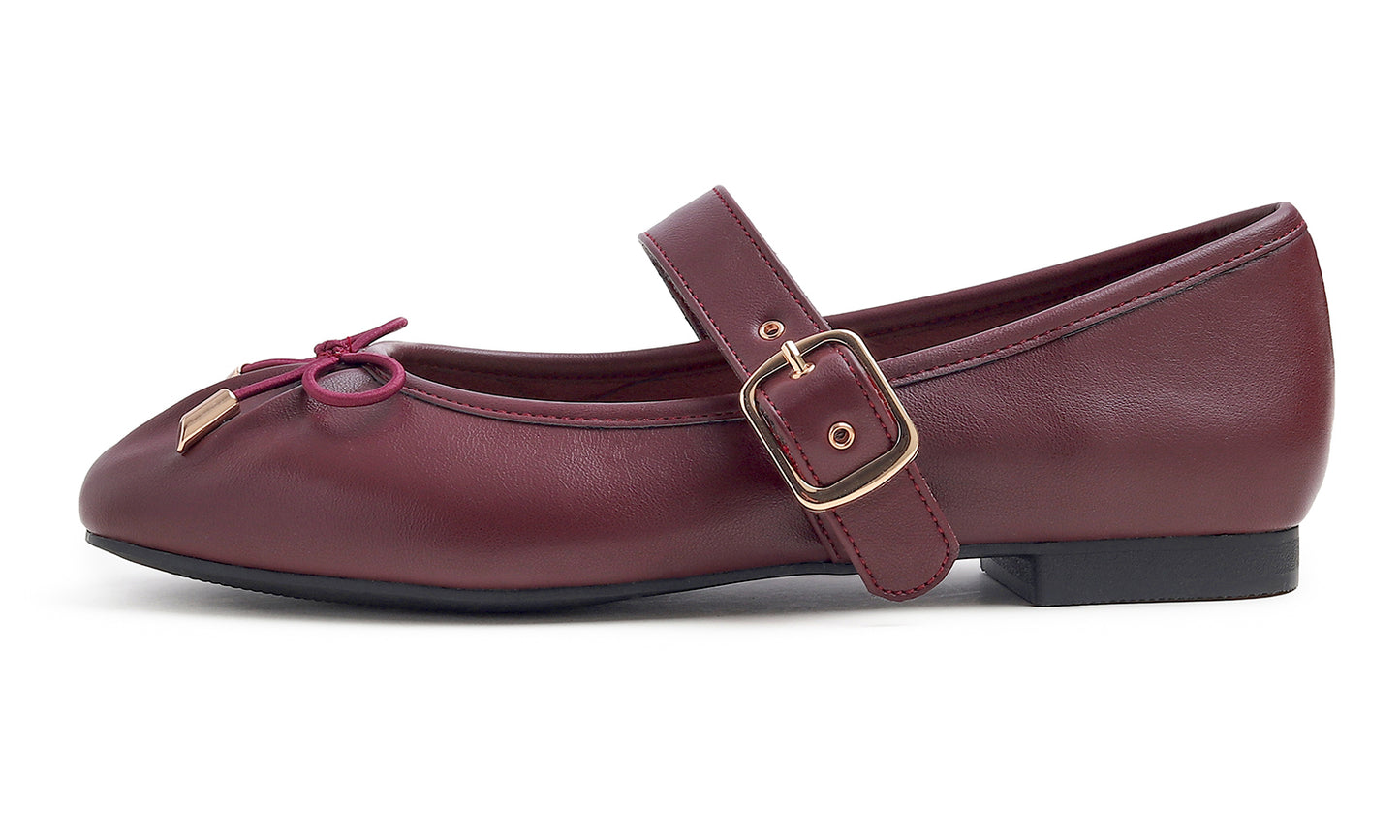 Feversole Women's Mary Jane Fashion Square Toe Easy Buckle Slip On Flats Vegan Leather Wrinkle Bow Deco