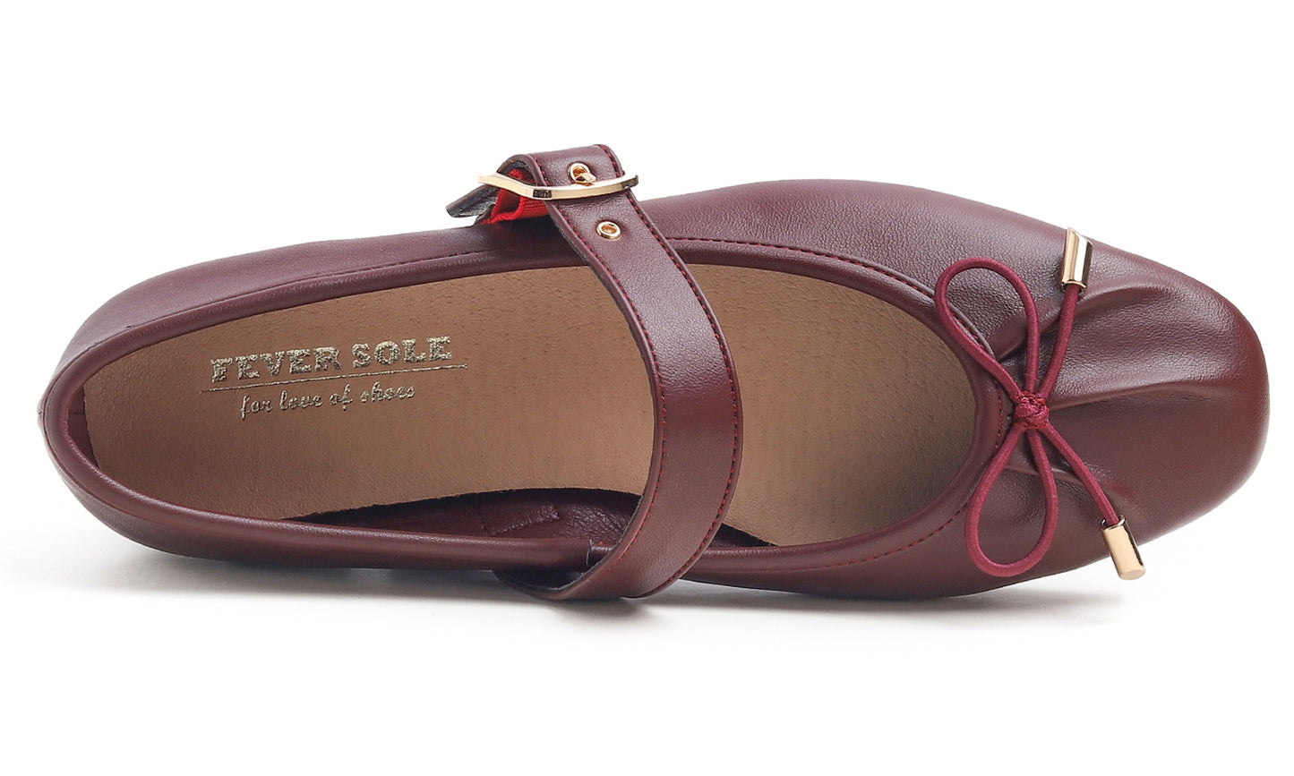 Feversole Women's Mary Jane Fashion Square Toe Easy Buckle Slip On Flats Vegan Leather Wrinkle Bow Deco