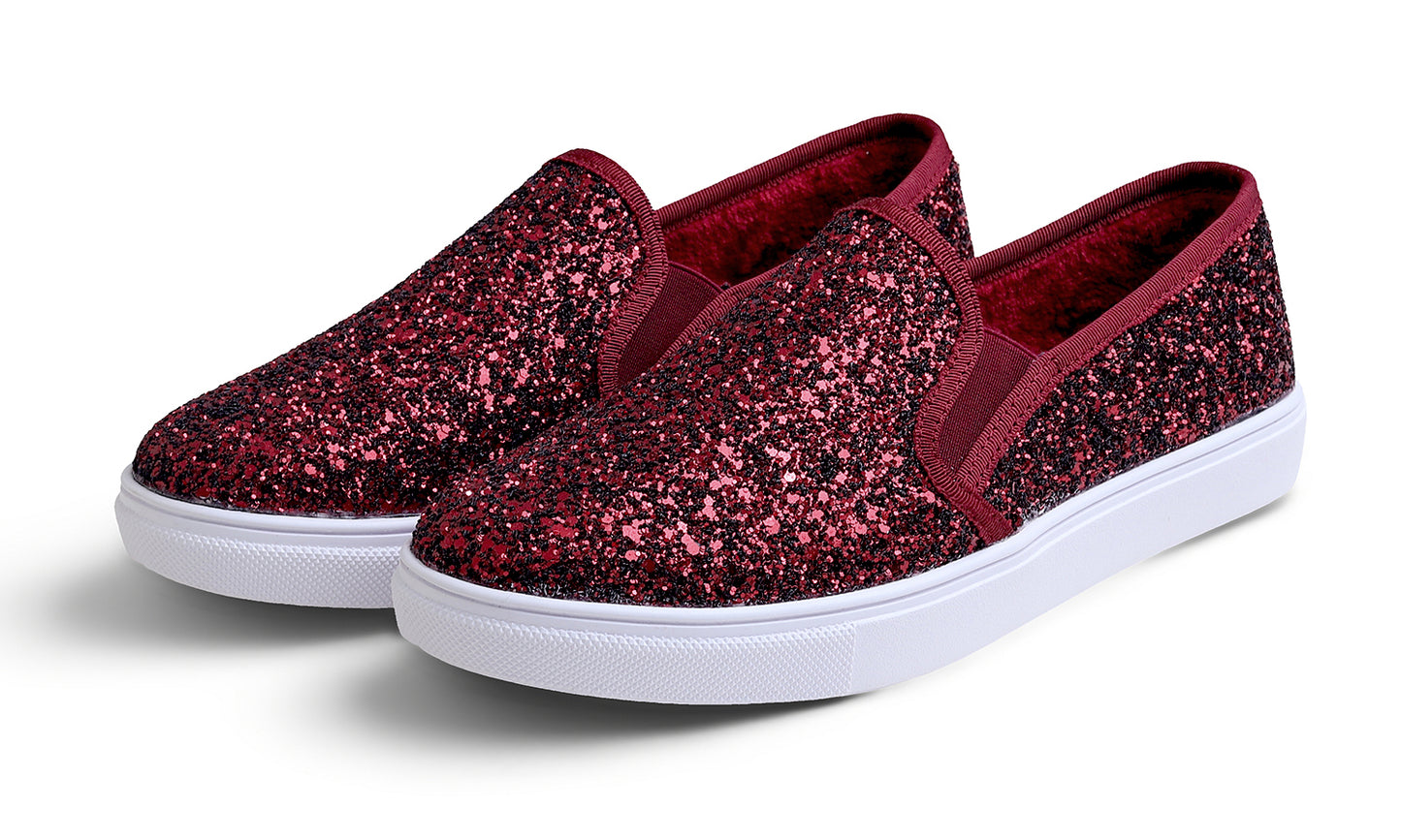 Feversole Women's Fashion Sparkly Slip On Sneaker for Winter Fur Lined Party Holiday Flat Loafers Glitter