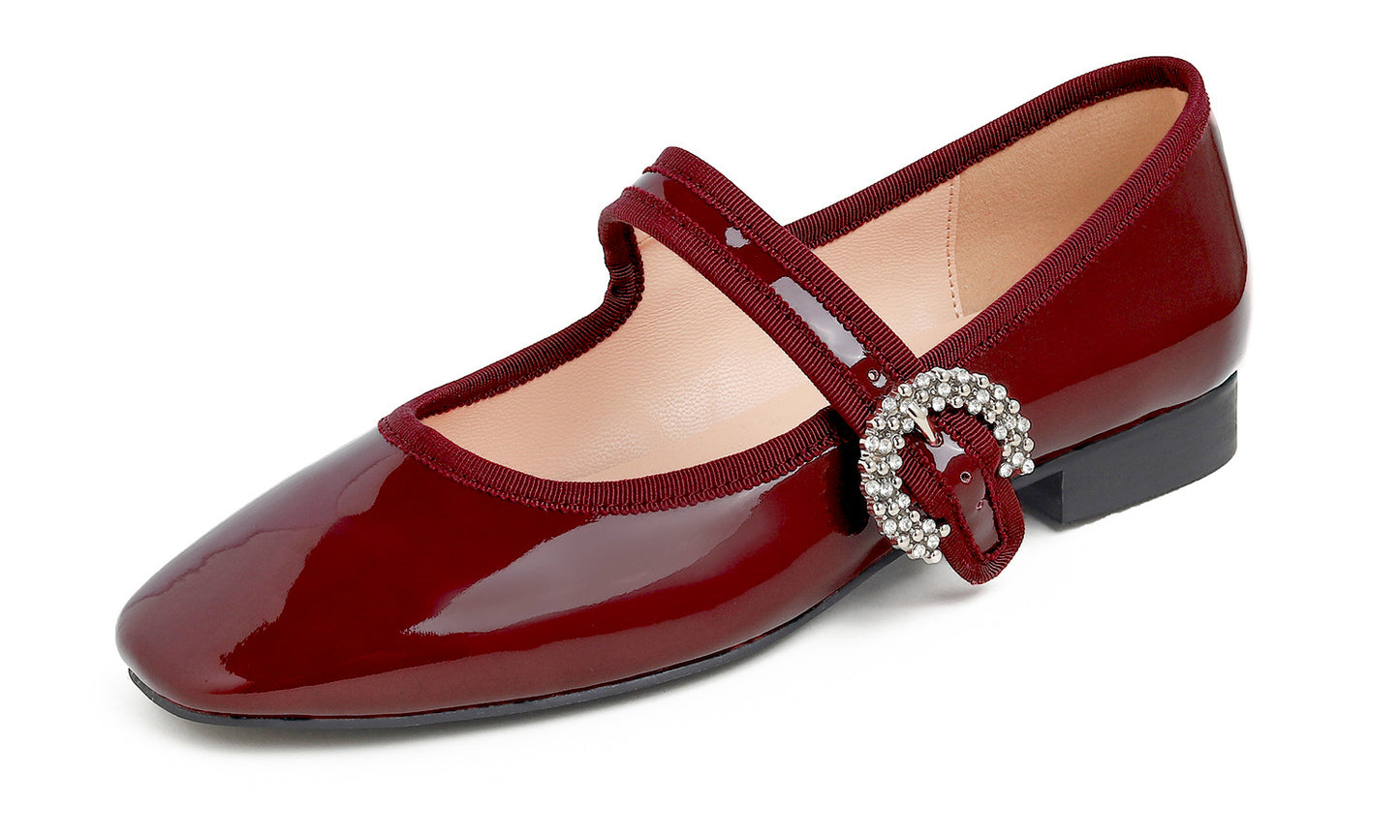Feversole Women's Mary Jane Fashion Square Toe Easy Buckle Low Heel Slip On Flats Patent Vegan Leather Rhinestones