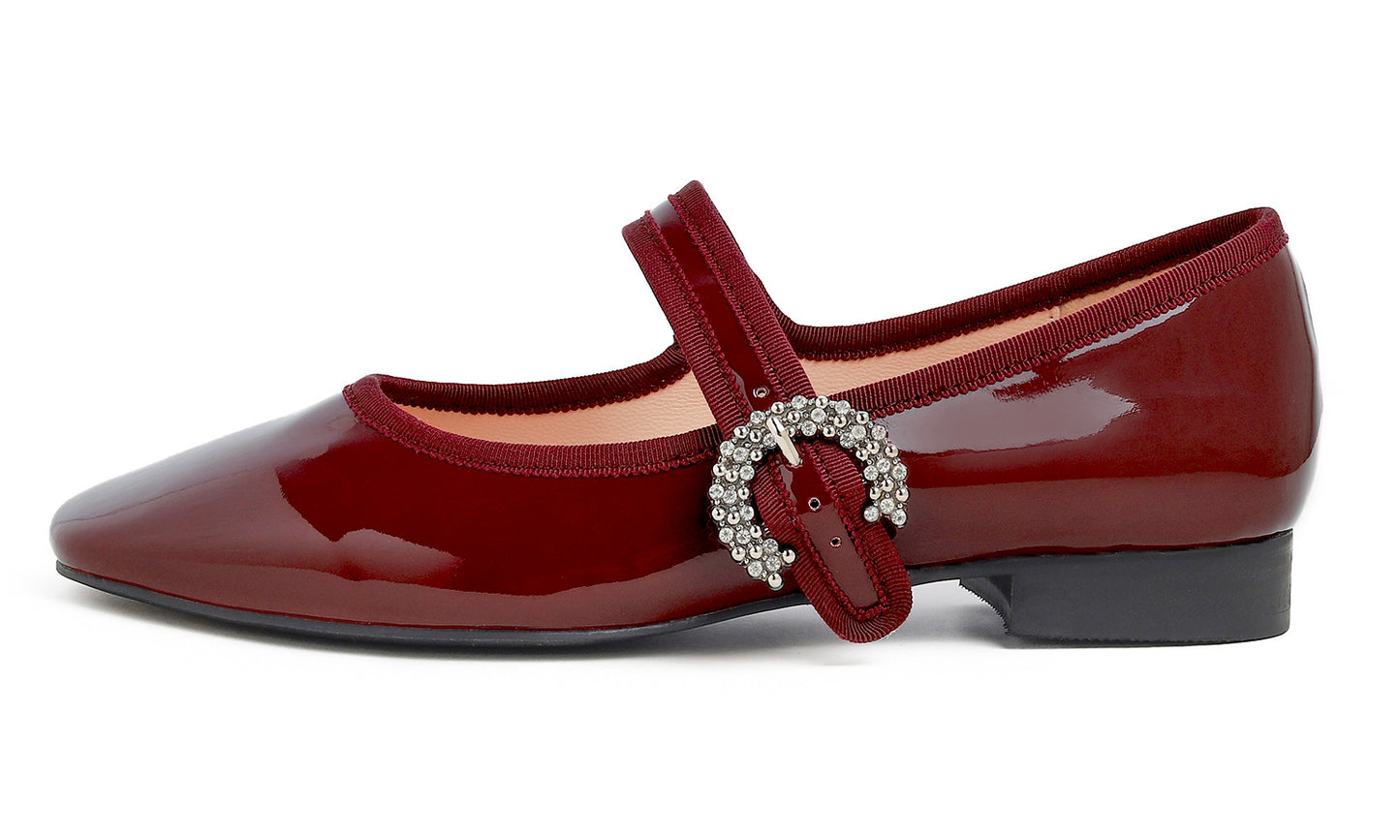 Feversole Women's Mary Jane Fashion Square Toe Easy Buckle Low Heel Slip On Flats Patent Vegan Leather Rhinestones