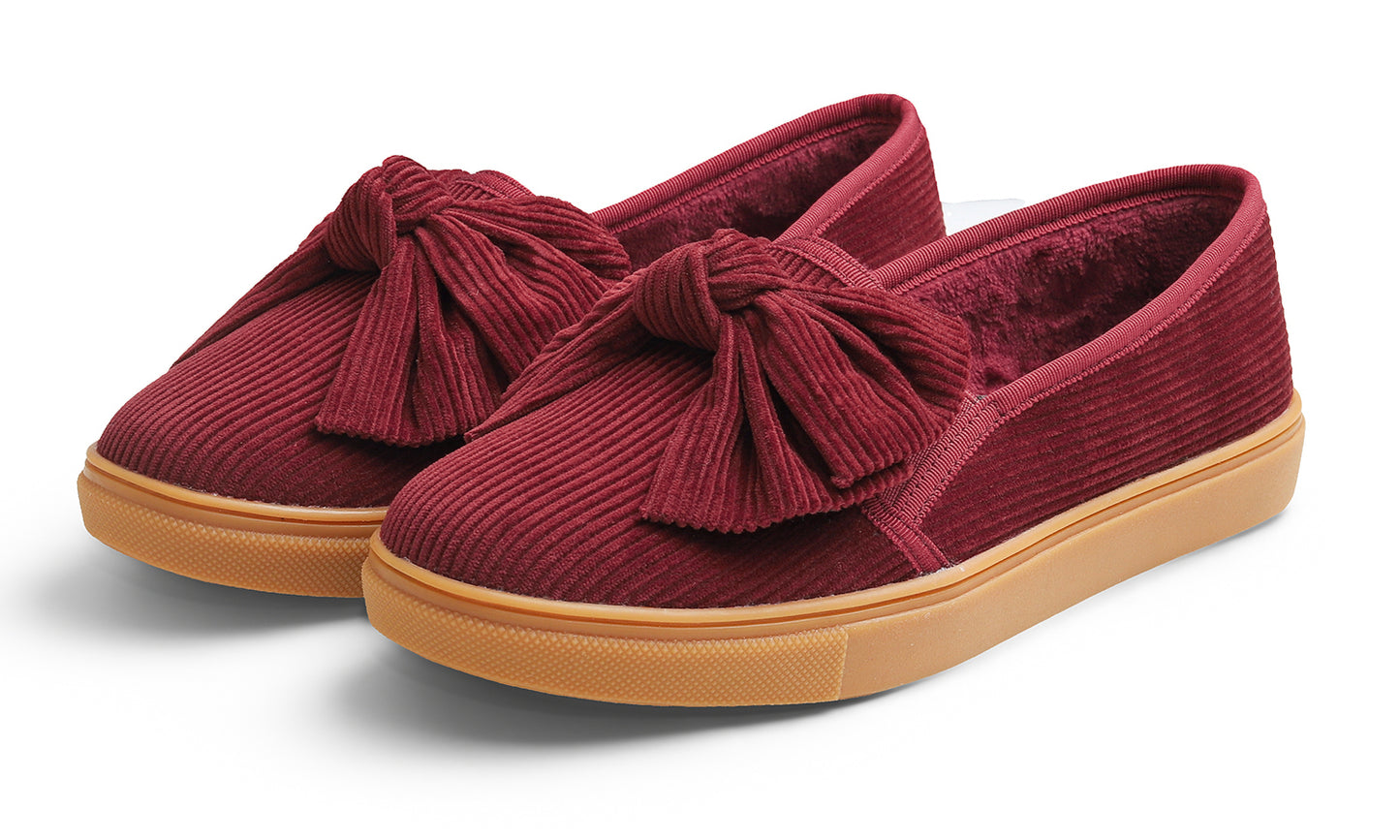 Feversole Women's Casual Slip On Sneaker Fashion Bow Tie Loafer Flats Corduroy Fur Lined