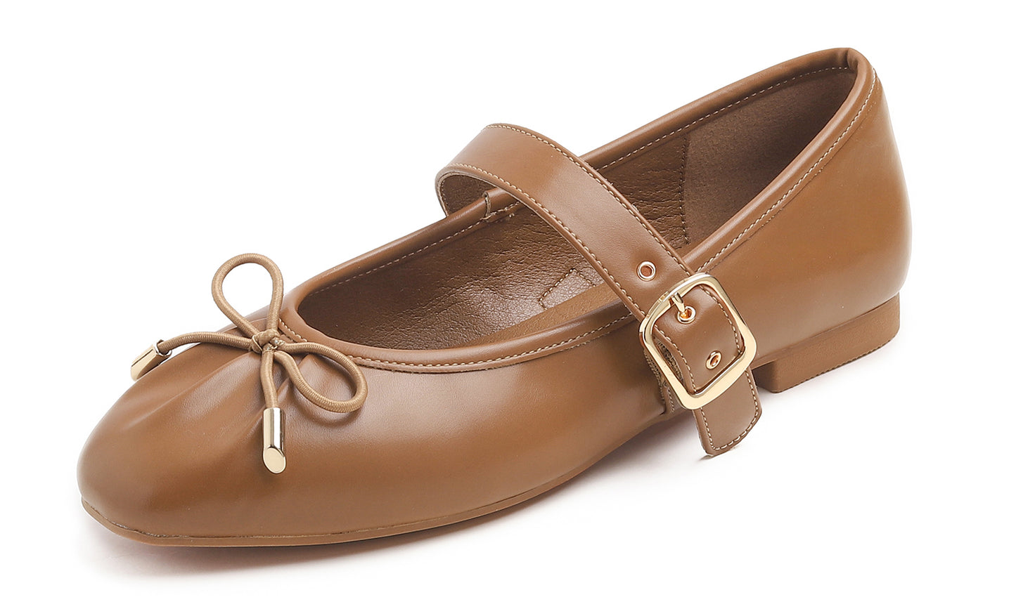 Feversole Women's Mary Jane Fashion Square Toe Easy Buckle Slip On Flats Vegan Leather Wrinkle Bow Deco
