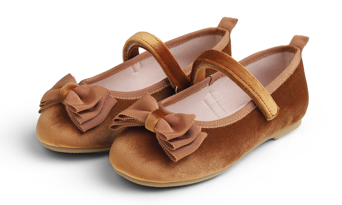 Feversole Girls Cute Dress Mary Jane Shoes Bow Tie Sunday Holiday Ballet Flats Velvet With Tri Bow