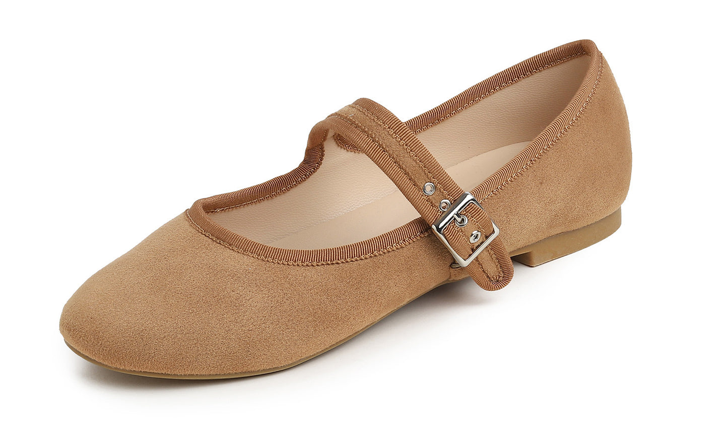 Feversole Women's Soft Cushion Extra Padded Comfort Round Toe Mary Jane Metal Buckle Black Faux SuedeFashion Ballet Flats Walking Shoes