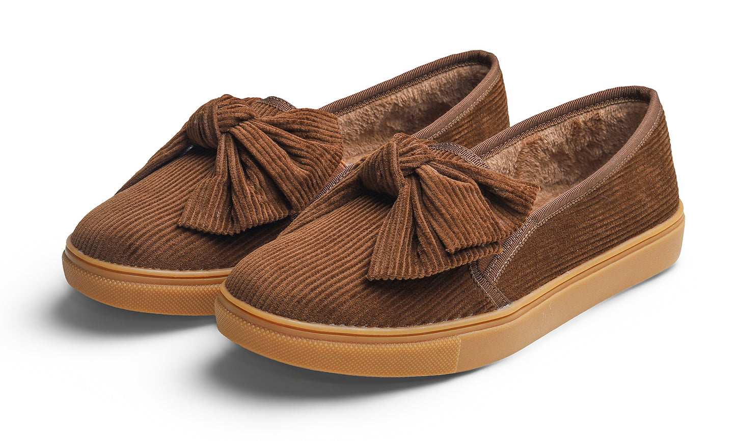 Feversole Women's Casual Slip On Sneaker Fashion Bow Tie Loafer Flats Corduroy Fur Lined