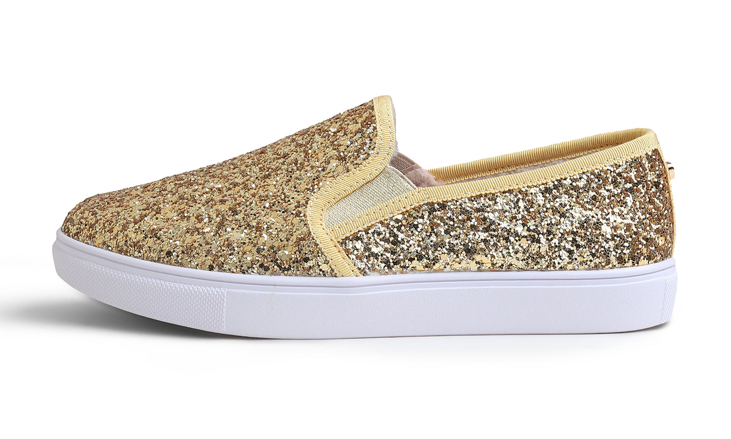 Feversole Women's Fashion Sparkly Slip On Sneaker for Winter Fur Lined Party Holiday Flat Loafers Glitter