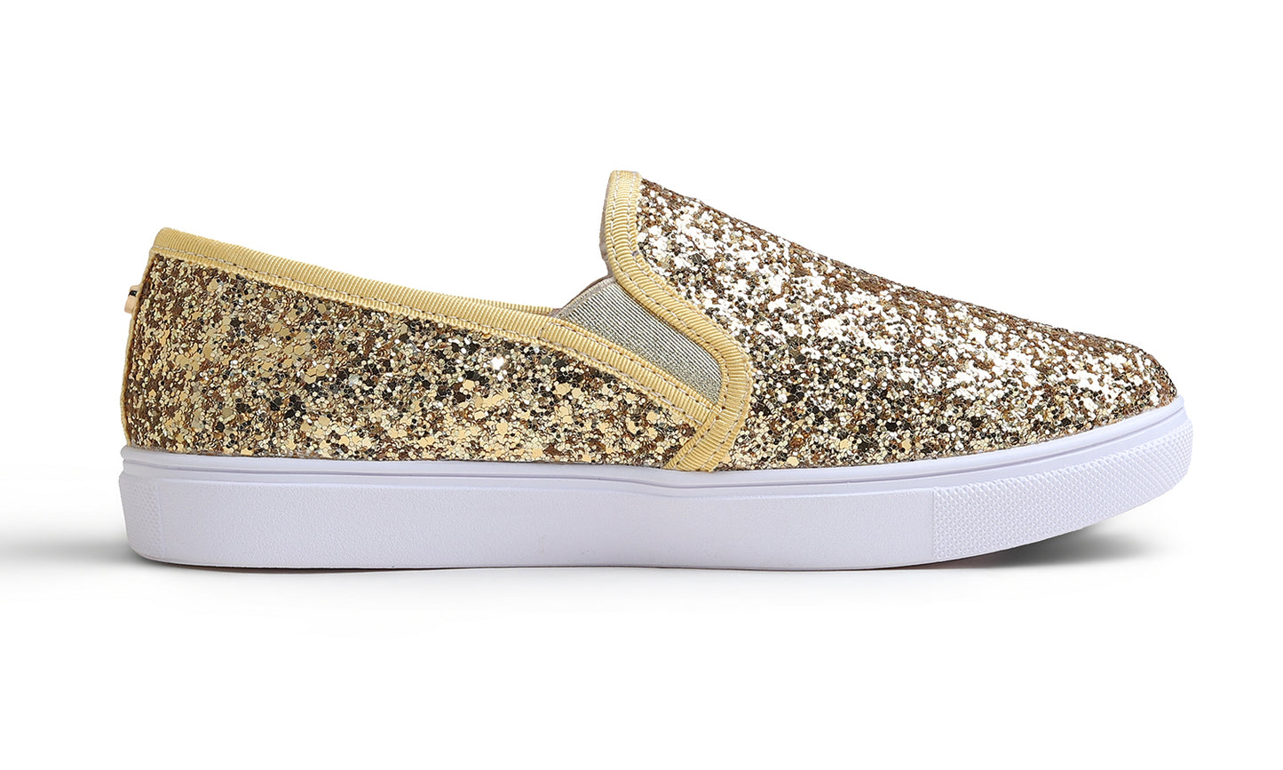 Feversole Women's Fashion Sparkly Slip On Sneaker for Winter Fur Lined Party Holiday Flat Loafers Glitter