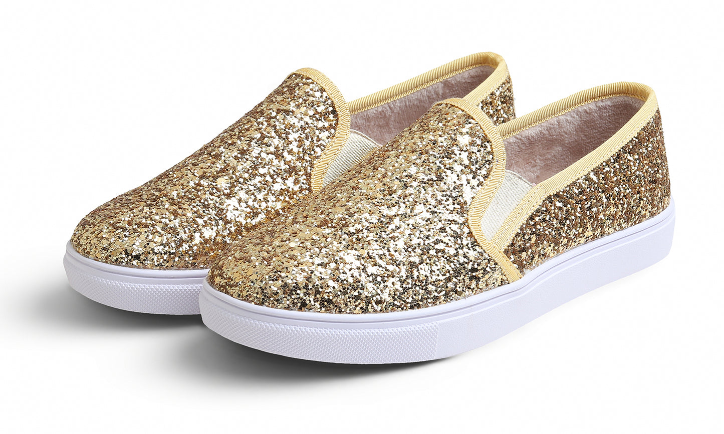 Feversole Women's Fashion Sparkly Slip On Sneaker for Winter Fur Lined Party Holiday Flat Loafers Glitter