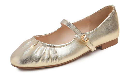BREEZE NOUTHERLY Women's Square Toe Mary Jane Fashion Ballet with Strap Comfort Dressy Working Flats Vegan Leather Wrinkle Deco