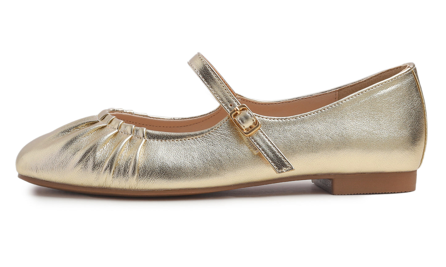 BREEZE NOUTHERLY Women's Square Toe Mary Jane Fashion Ballet with Strap Comfort Dressy Working Flats Vegan Leather Wrinkle Deco