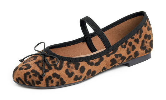Feversole Women's Soft Cushion Padded Comfort Round Toe Mary Jane Elastic Fashion Ballet Flats Walking Shoes Leopard Faux Suede