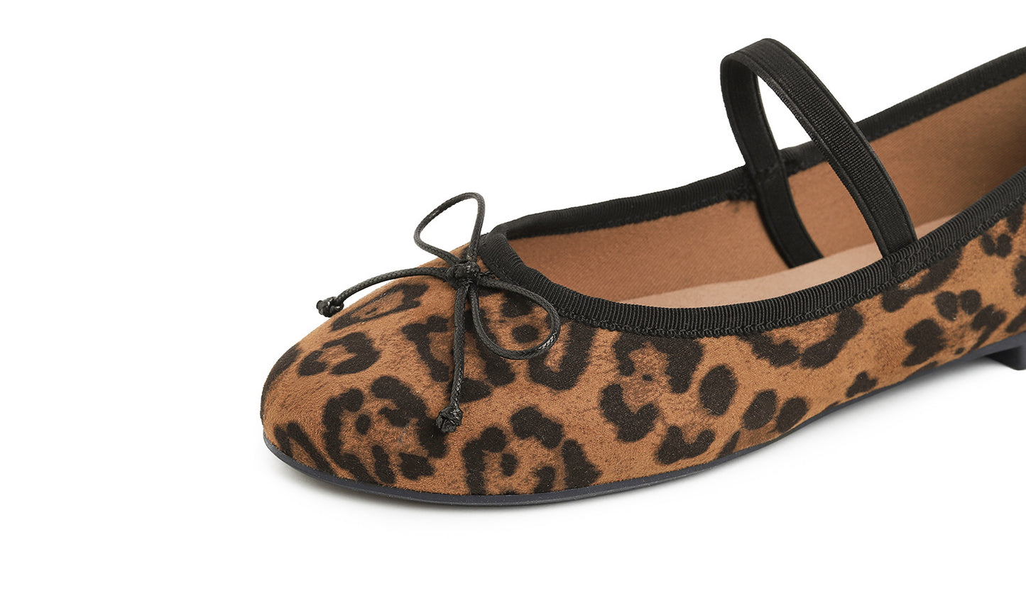 Feversole Women's Soft Cushion Padded Comfort Round Toe Mary Jane Elastic Fashion Ballet Flats Walking Shoes Leopard Faux Suede