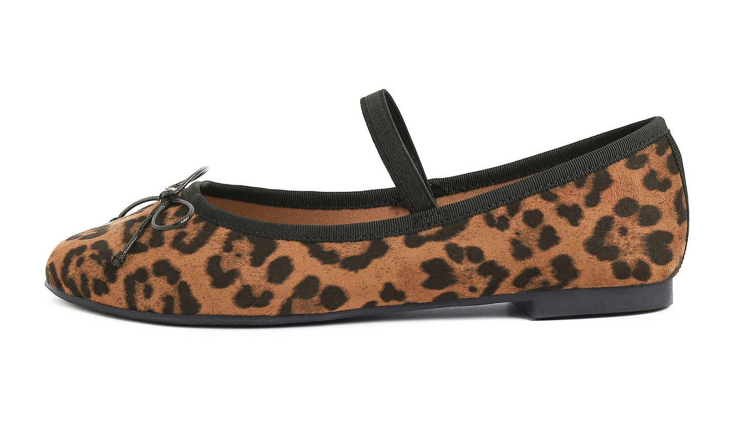 Feversole Women's Soft Cushion Padded Comfort Round Toe Mary Jane Elastic Fashion Ballet Flats Walking Shoes Leopard Faux Suede