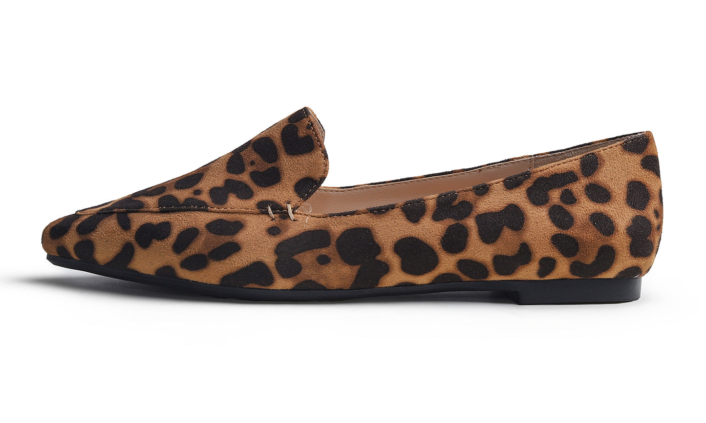 Feversole Women's Loafer Flat Pointed Fashion Slip On Comfort Driving Office Shoes  Leopard Faux Suede