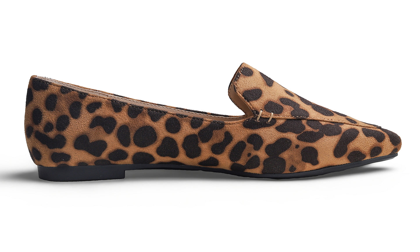 Feversole Women's Loafer Flat Pointed Fashion Slip On Comfort Driving Office Shoes  Leopard Faux Suede