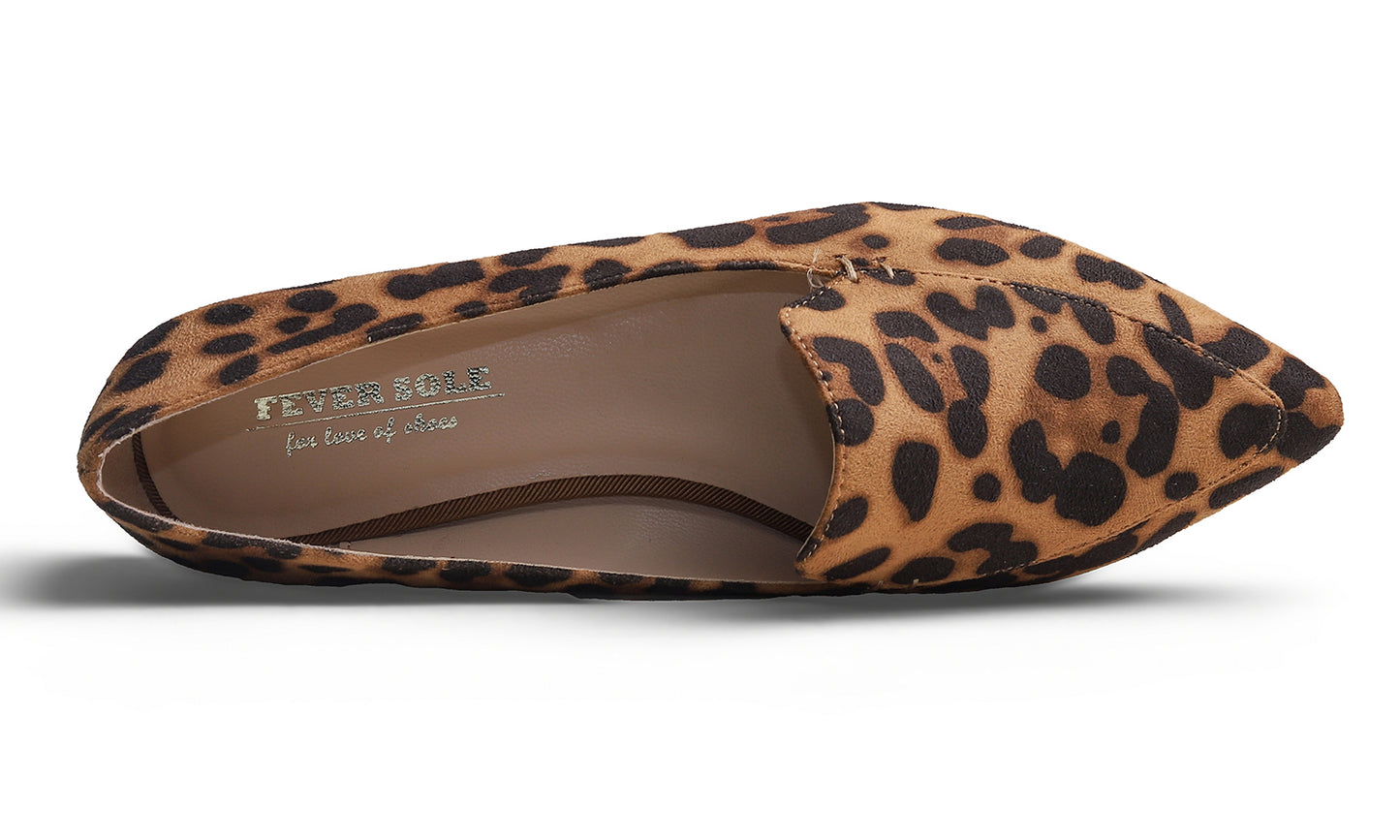 Feversole Women's Loafer Flat Pointed Fashion Slip On Comfort Driving Office Shoes  Leopard Faux Suede