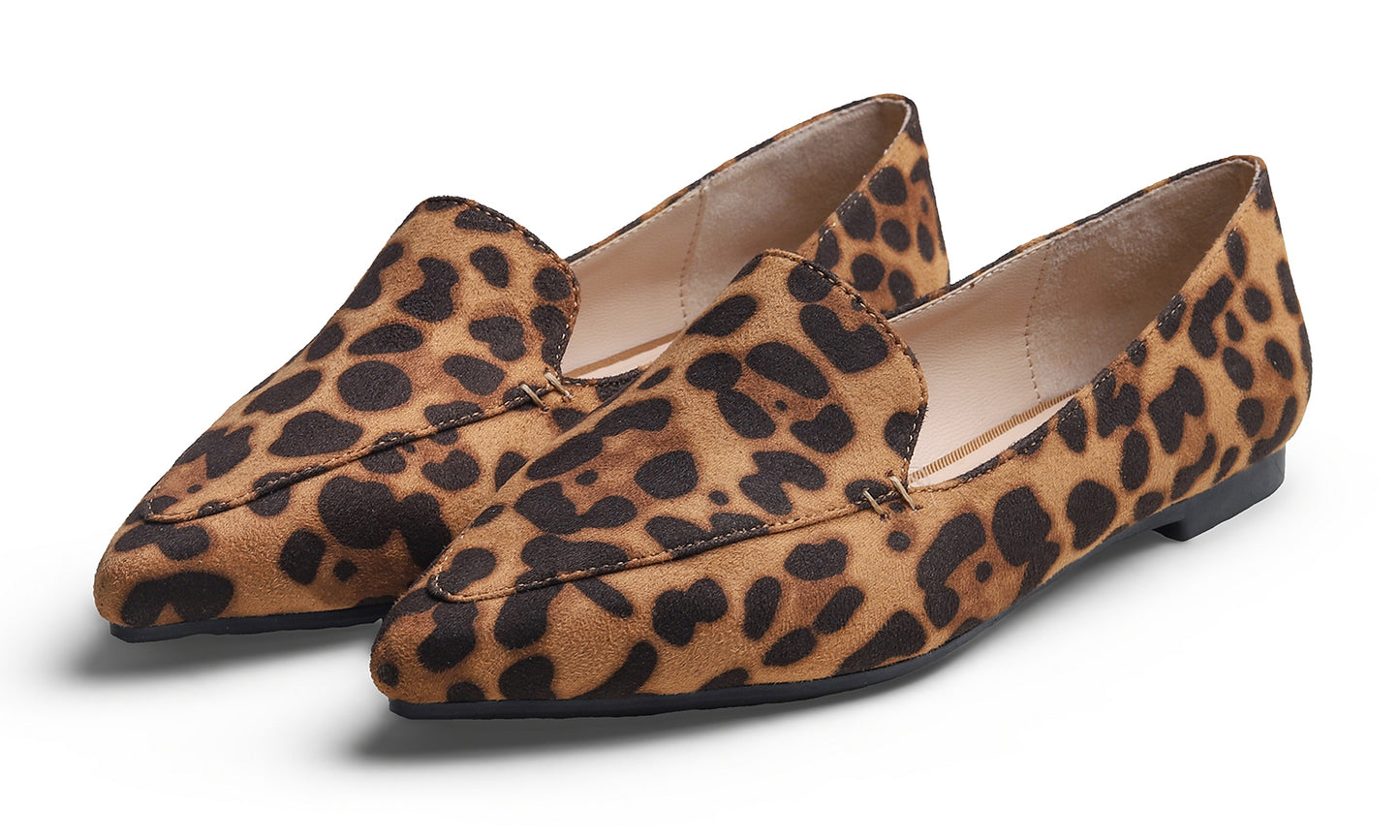 Feversole Women's Loafer Flat Pointed Fashion Slip On Comfort Driving Office Shoes  Leopard Faux Suede
