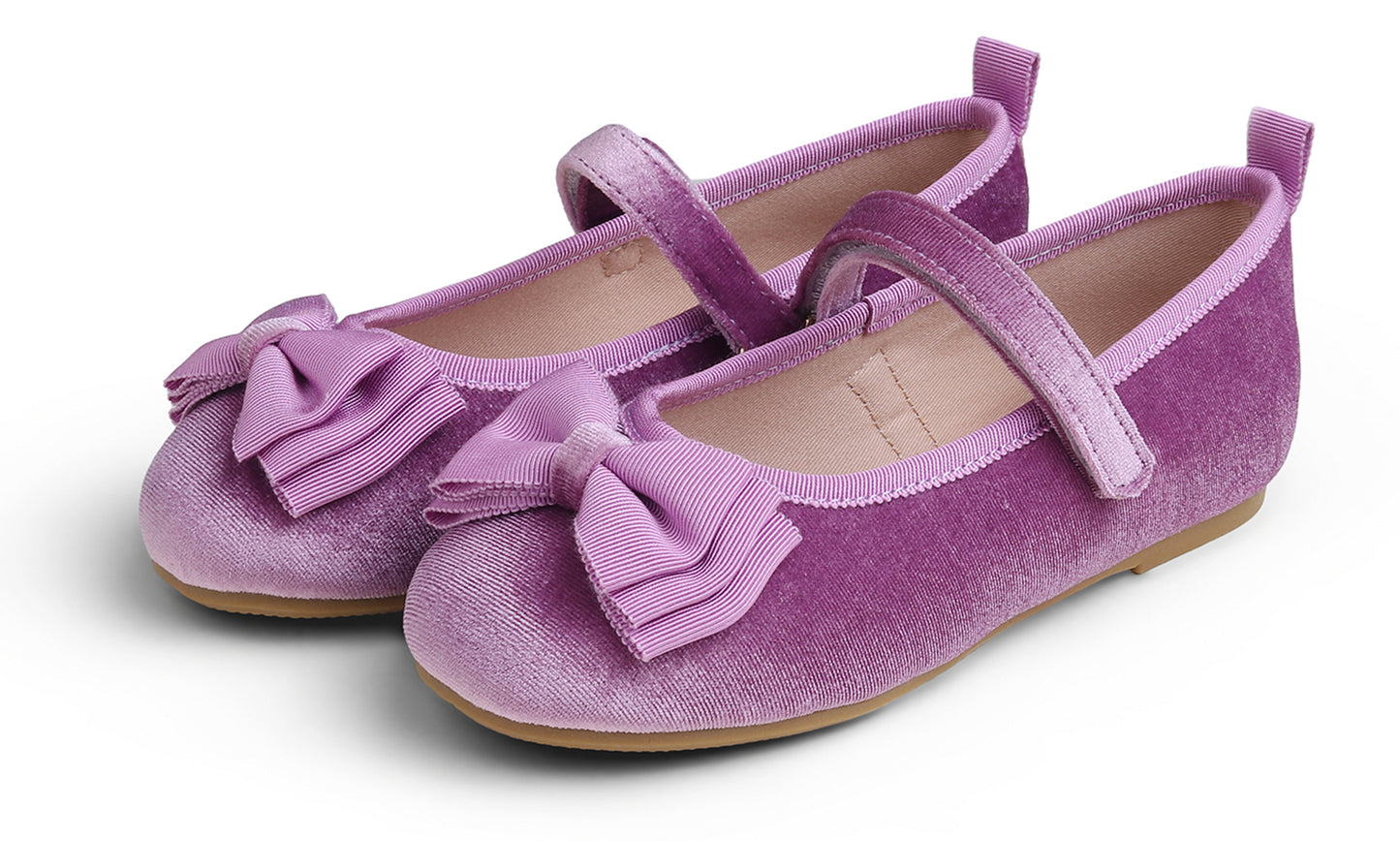 Feversole Girls Cute Dress Mary Jane Shoes Bow Tie Sunday Holiday Ballet Flats Velvet With Tri Bow