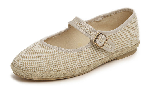 Feversole Women's Comfort Espadrilles Mary Jane Close Toe Jute Trim Slip On Flats Shoes Natural Linen Jute