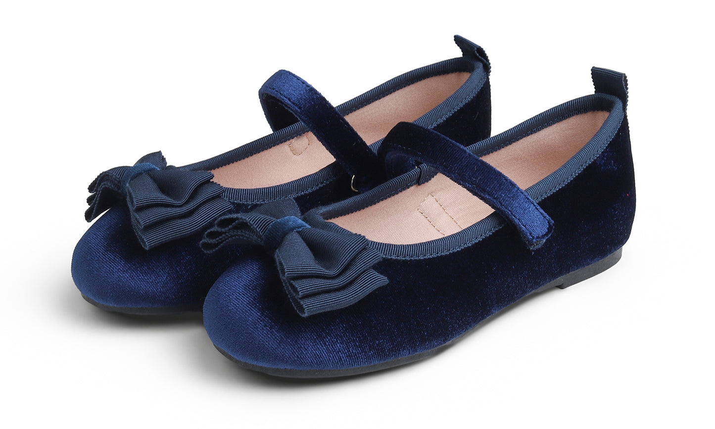 Feversole Girls Cute Dress Mary Jane Shoes Bow Tie Sunday Holiday Ballet Flats Velvet With Tri Bow