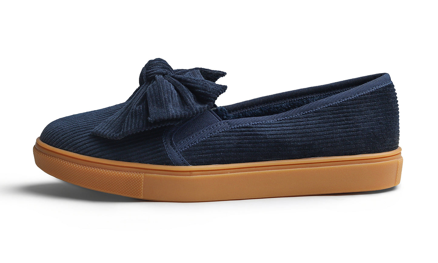 Feversole Women's Casual Slip On Sneaker Fashion Bow Tie Loafer Flats Corduroy Fur Lined