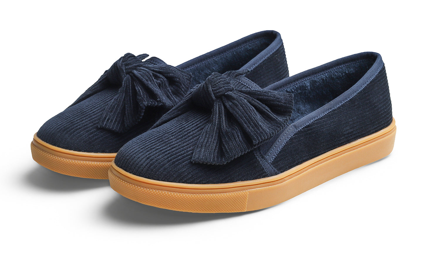 Feversole Women's Casual Slip On Sneaker Fashion Bow Tie Loafer Flats Corduroy Fur Lined