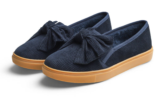 Feversole Women's Casual Slip On Sneaker Fashion Bow Tie Loafer Flats Corduroy Fur Lined