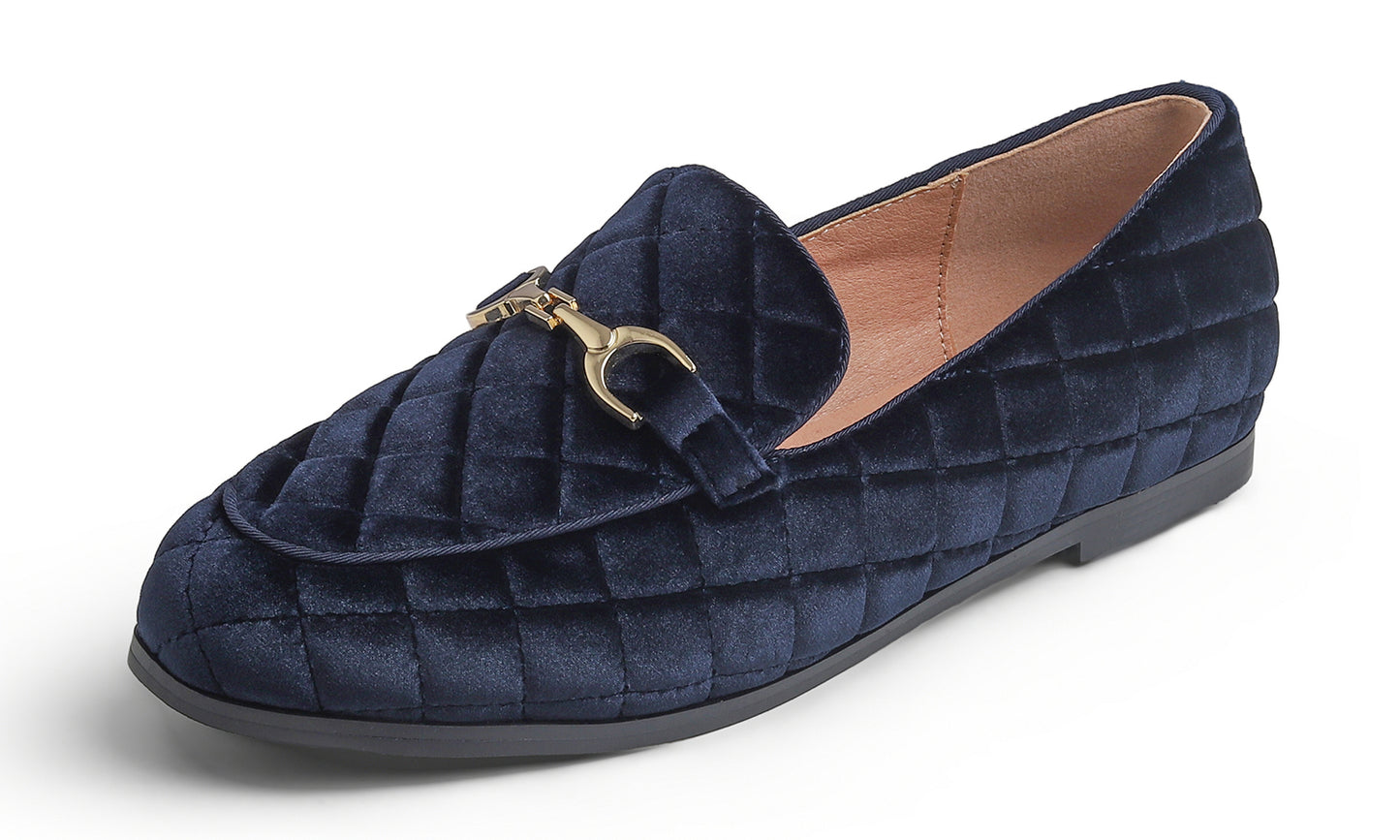 Feversole Women's Fashion Comfortable Penny Loafer Buckle Dressy Shoes Velvet Quilted