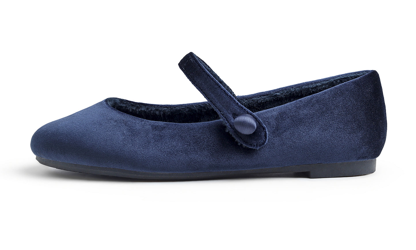 Feversole Women's Mary Jane Fashion Round Toe Easy Buckle Slip On Flats Velvet Fur Lined