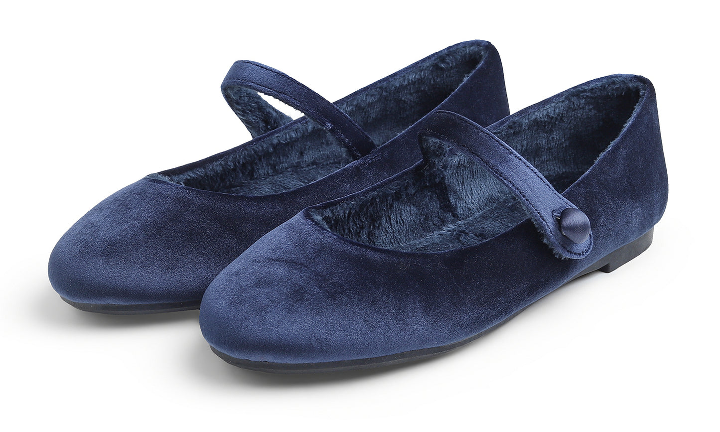 Feversole Women's Mary Jane Fashion Round Toe Easy Buckle Slip On Flats Velvet Fur Lined
