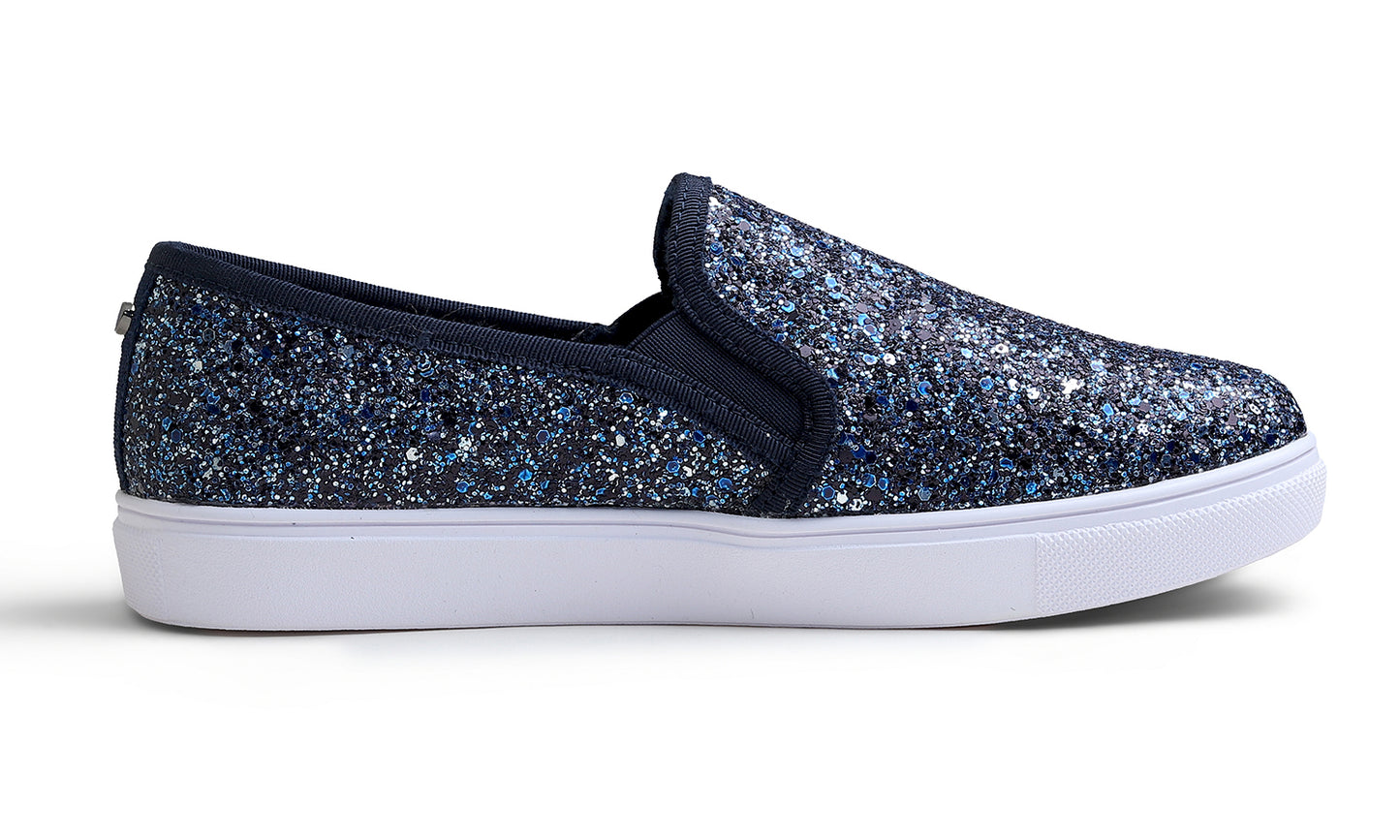 Feversole Women's Fashion Sparkly Slip On Sneaker for Winter Fur Lined Party Holiday Flat Loafers Glitter