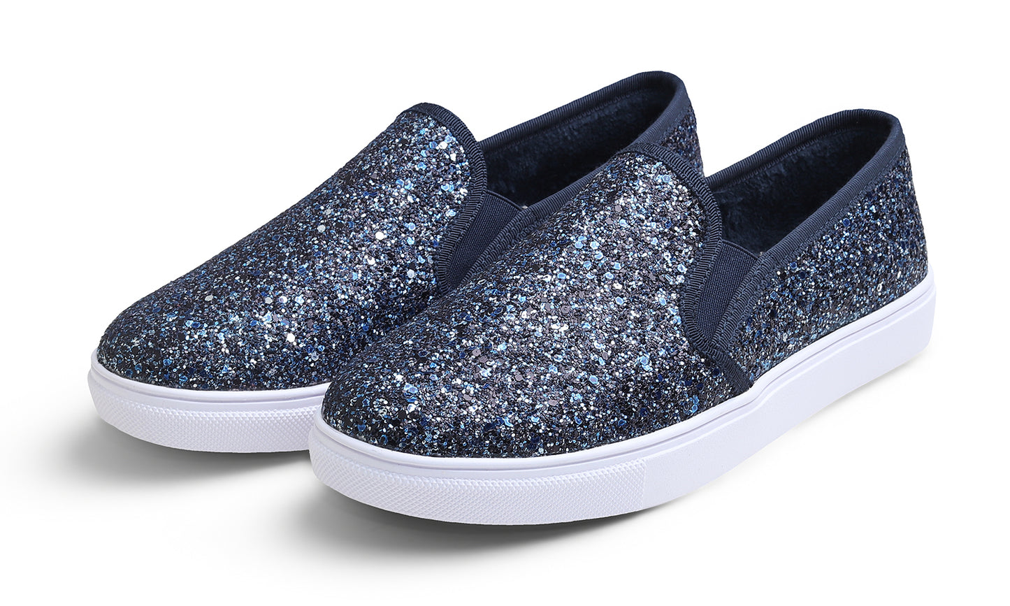 Feversole Women's Fashion Sparkly Slip On Sneaker for Winter Fur Lined Party Holiday Flat Loafers Glitter