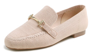 Feversole Women's Woven Fashion Breathable Knit Flat Shoes Nude Color Loafer Metal Trim