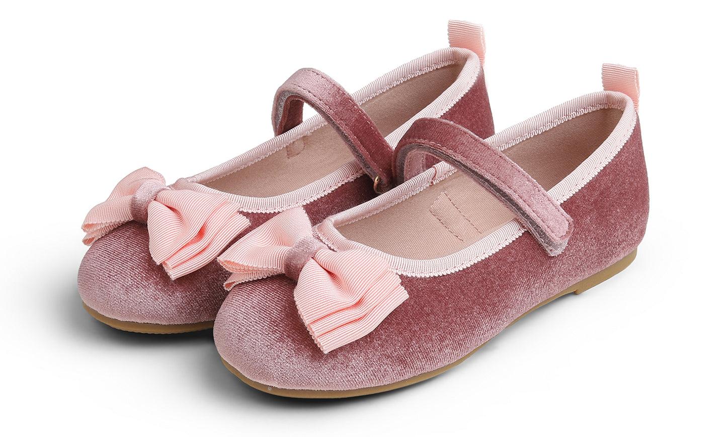 Feversole Girls Cute Dress Mary Jane Shoes Bow Tie Sunday Holiday Ballet Flats Velvet With Tri Bow