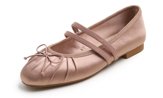 BREEZE NOUTHERLY Women's Square Toe Mary Jane Fashion Ballet with Strap Comfort Dressy Working Flats Black Silky Wrinkle Deco