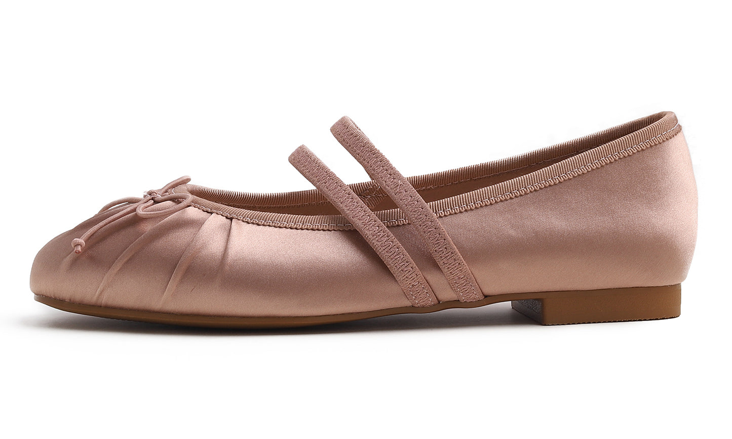 BREEZE NOUTHERLY Women's Square Toe Mary Jane Fashion Ballet with Strap Comfort Dressy Working Flats Black Silky Wrinkle Deco