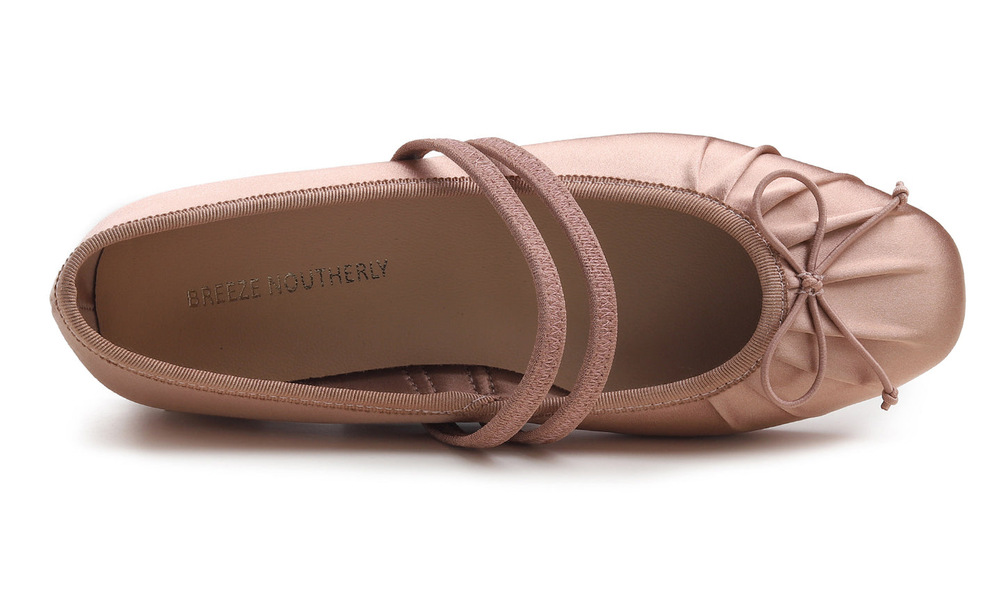 BREEZE NOUTHERLY Women's Square Toe Mary Jane Fashion Ballet with Strap Comfort Dressy Working Flats Black Silky Wrinkle Deco